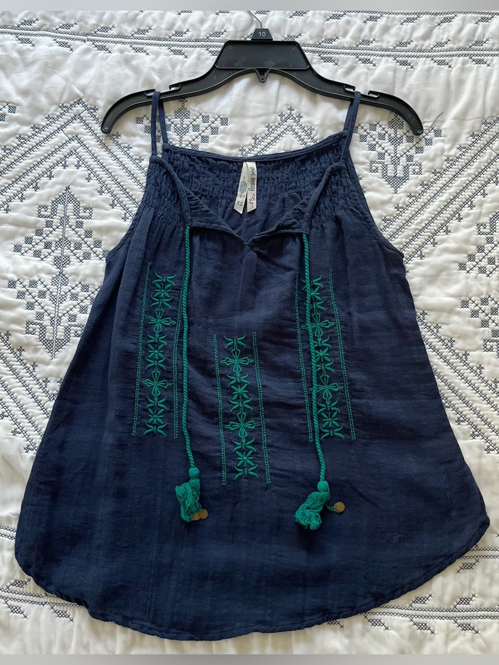 girl krazy Navy Camisole with Green Embroidered Tassels